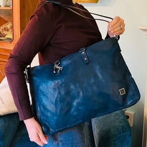 NWT A.S. 98 leather unisex Ocean Blue with black trim zipper satchel bag